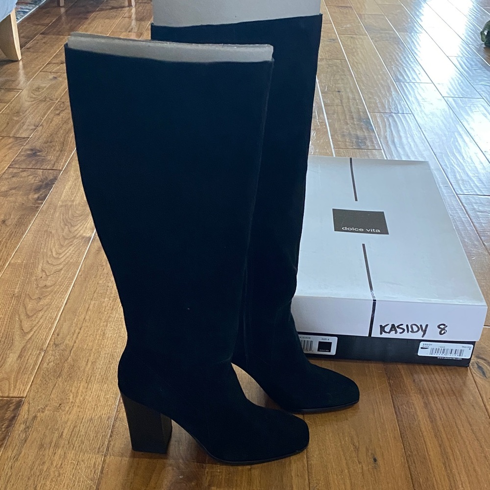 Brand new, tall black suede heels, comfortable block heel. New with box.